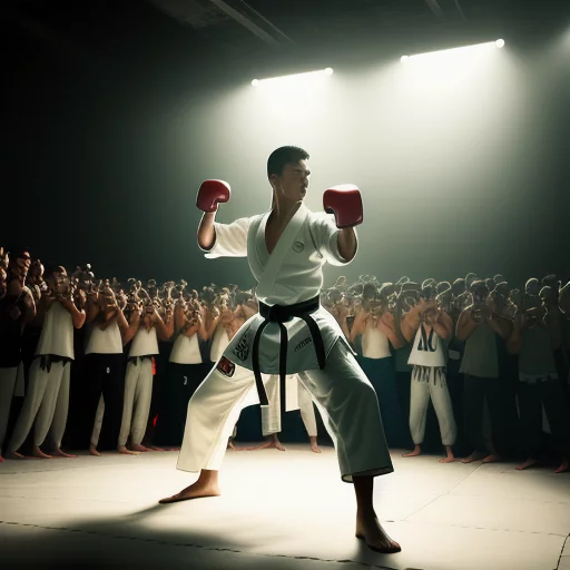 2515910349-A karate fighter in a fighting stance, in the center of the light, the dazzling sun behind him, surrounded by a crowd of onlooke.webp